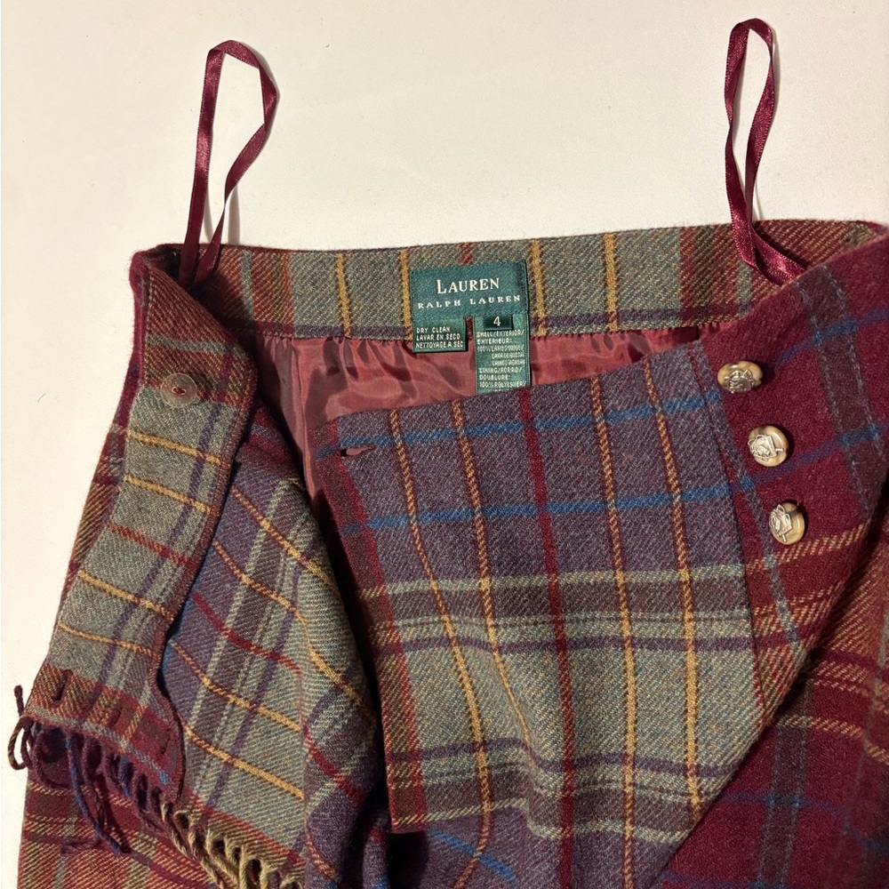 Vintage Ralph Lauren Plaid Wool Wrap Skirt Fringe Long Pencil Midi Equestrian S - Picture 12 of 12